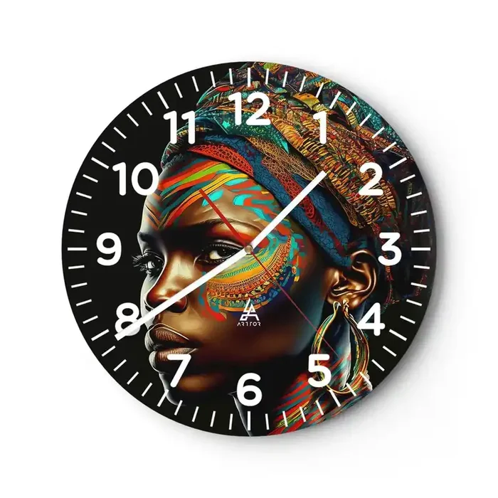 Reloj de pared – Reloj de vidrio – Reina africana – 30×30 cm