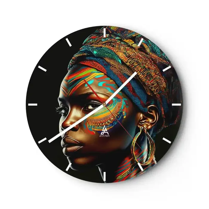 Reloj de pared – Reloj de vidrio – Reina africana – 40×40 cm