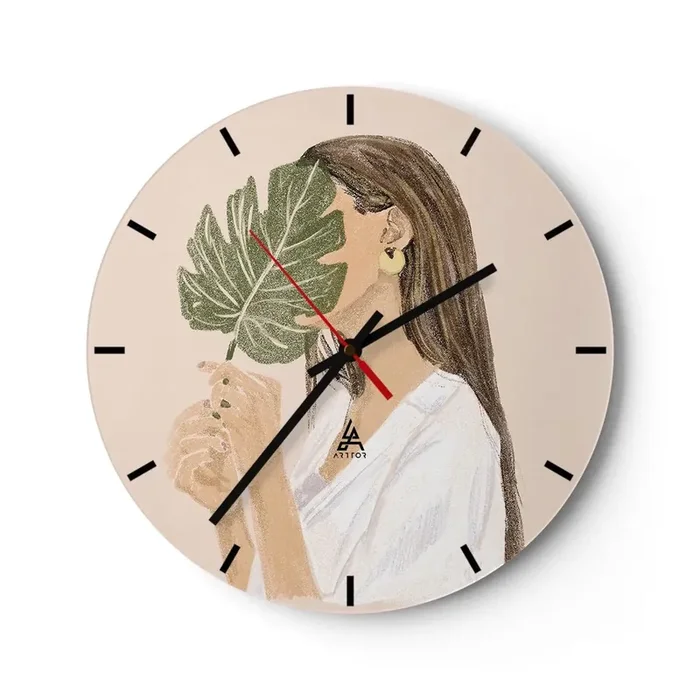Reloj de pared – Reloj de vidrio – Retrato misterioso con un abanico – 40×40 cm