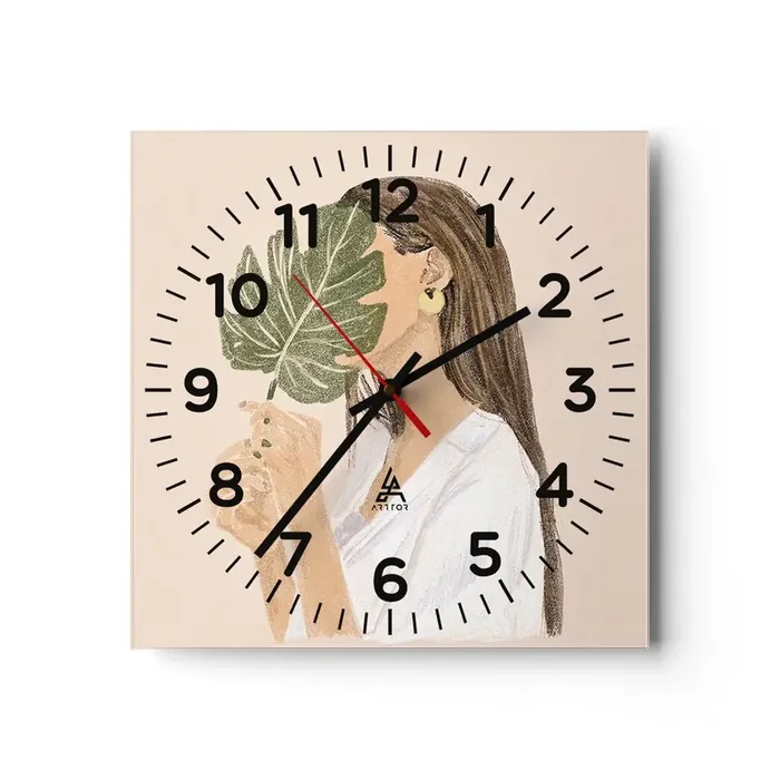 Reloj de pared – Reloj de vidrio – Retrato misterioso con un abanico – 40×40 cm