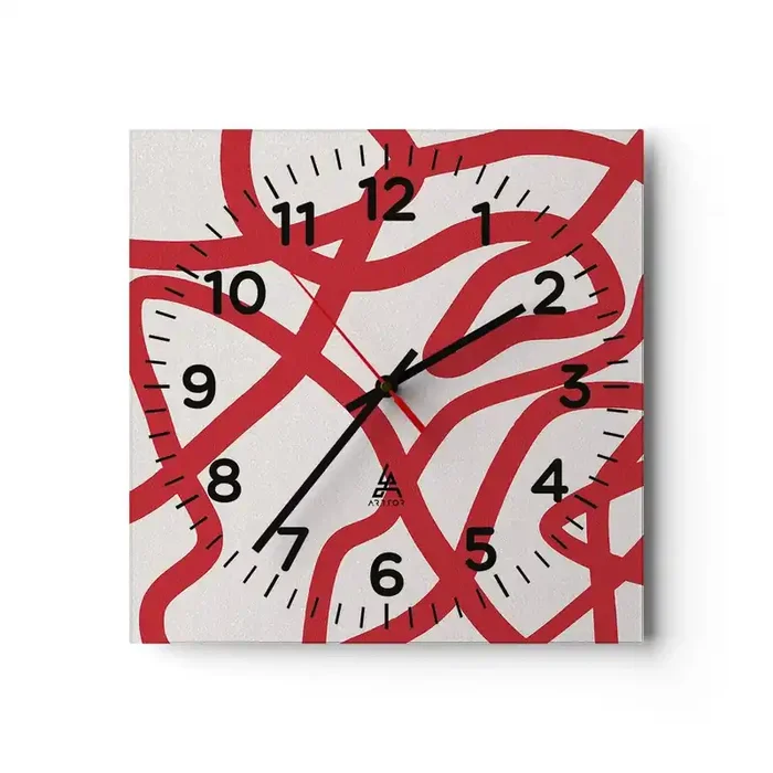 Reloj de pared – Reloj de vidrio – Rojo sobre blanco – 30×30 cm