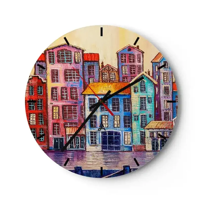 Reloj de pared – Reloj de vidrio – Una ciudad como un cuento de hadas – 40×40 cm