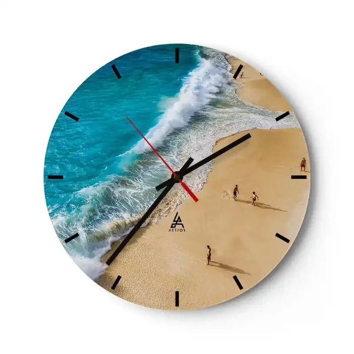 Reloj de pared – Reloj de vidrio – Y luego el sol, la playa… – 40×40 cm