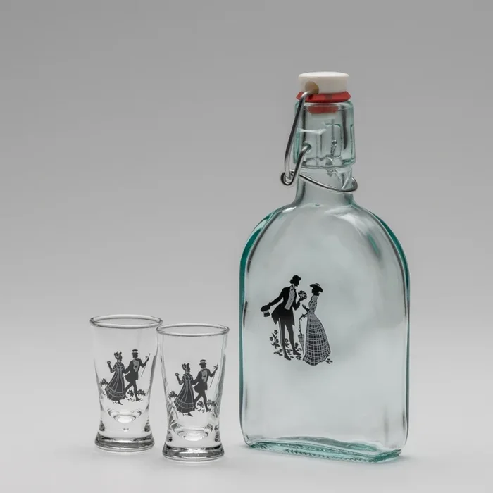 Set 1x botella de vidrio y 2x Vaso de chupito transparente con un motivo de danza