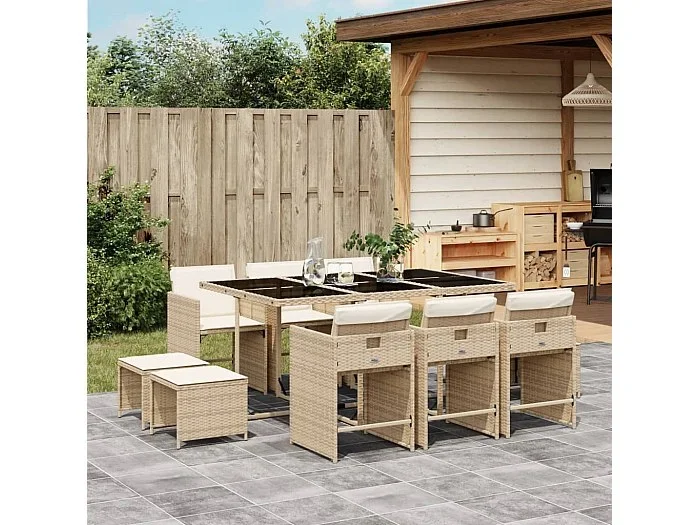 Set comedor de jardín 11 piezas con cojines ratán sintético beige