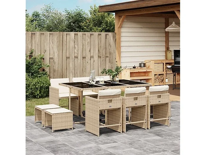 Set comedor de jardín 11 piezas con cojines ratán sintético beige