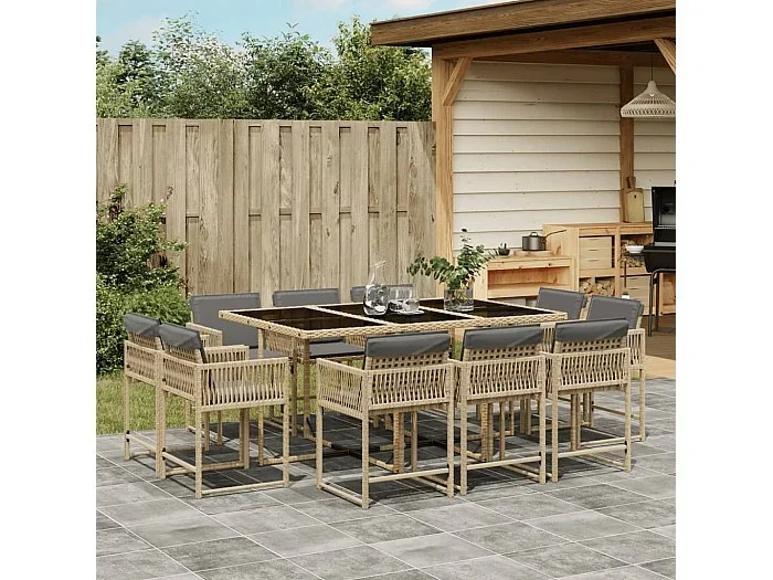 Set comedor de jardín 11 piezas con cojines ratán sintético beige