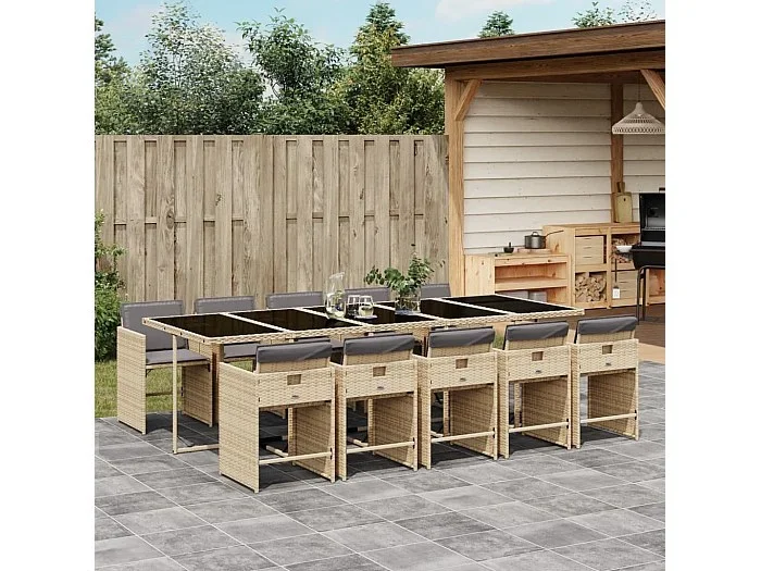 Set comedor de jardín 11 piezas con cojines ratán sintético beige