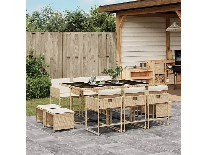 Set comedor de jardín 11 piezas con cojines ratán sintético beige