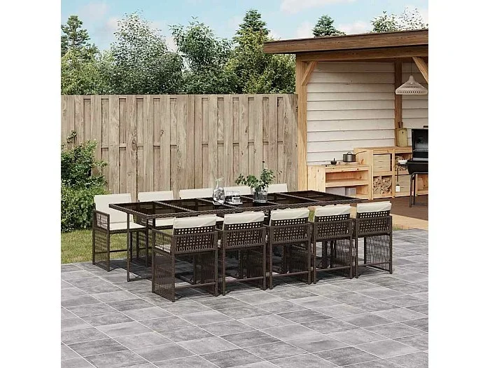 Set comedor de jardín 11 piezas y cojines ratán sintético marrón