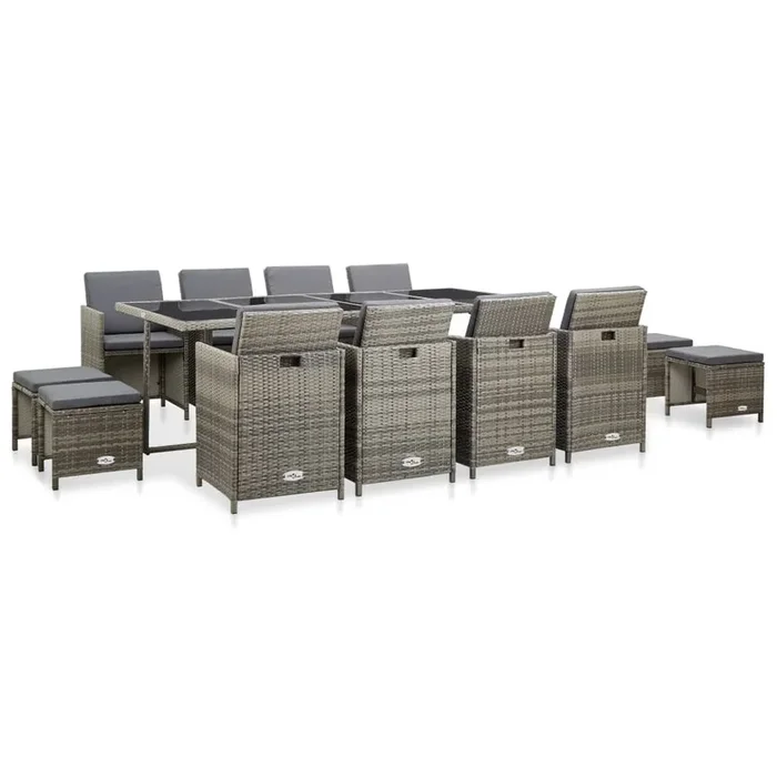 Set comedor de jardín 13 piezas y cojines ratán sintético gris VidaXL