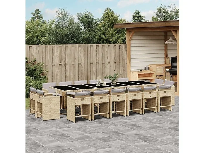 Set comedor de jardín 17 piezas con cojines ratán sintético beige