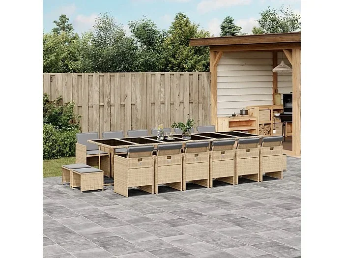 Set comedor de jardín 17 piezas con cojines ratán sintético beige