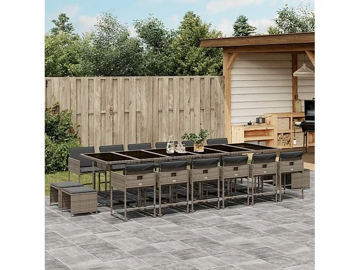 Set comedor de jardín 17 piezas y cojines ratán sintético gris