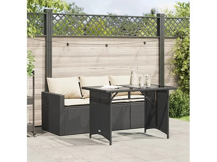 Set comedor de jardín 2 piezas con cojines ratán sintético negro