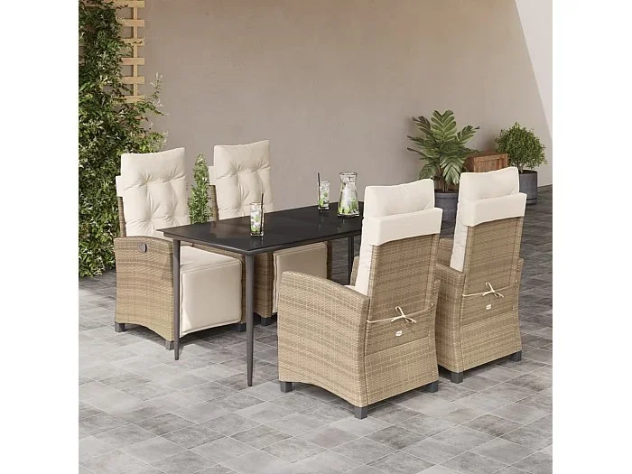 Set comedor de jardín 5 piezas con cojines ratán sintético beige