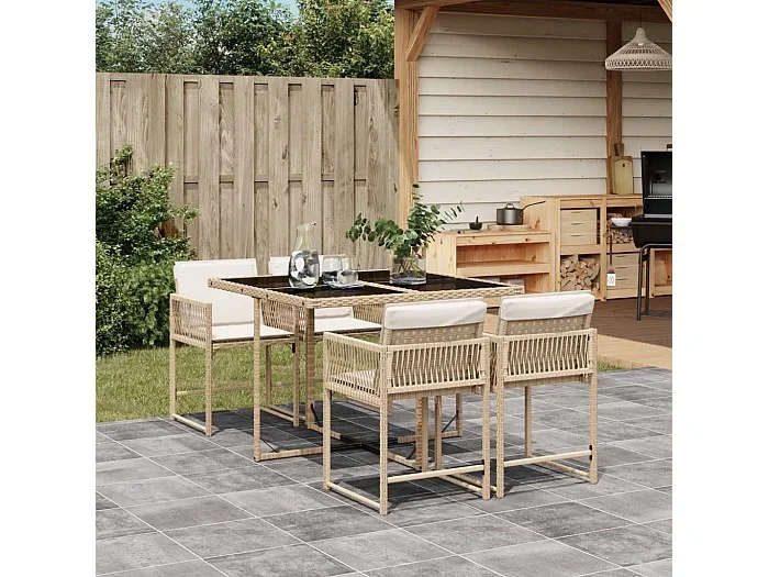 Set comedor de jardín 5 piezas con cojines ratán sintético beige