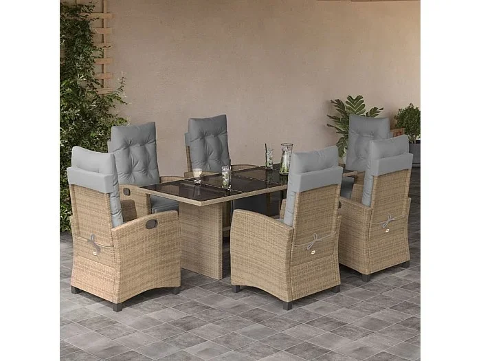 Set comedor de jardín 7 piezas con cojines ratán sintético beige