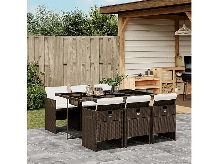 Set comedor de jardín 7 pzas con cojines ratán sintético marrón ES643819