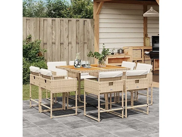 Set comedor de jardín 9 piezas con cojines ratán sintético beige