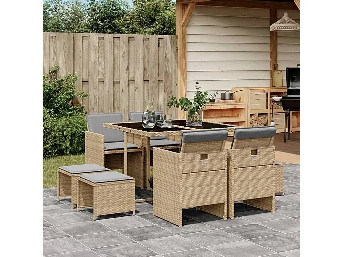 Set comedor de jardín 9 piezas con cojines ratán sintético beige