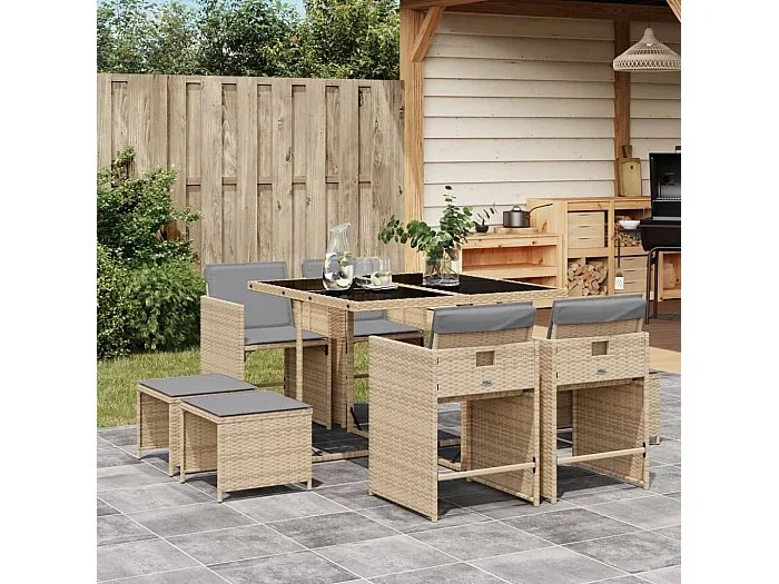 Set comedor de jardín 9 piezas con cojines ratán sintético beige