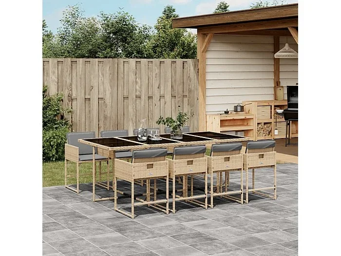 Set comedor de jardín 9 piezas con cojines ratán sintético beige