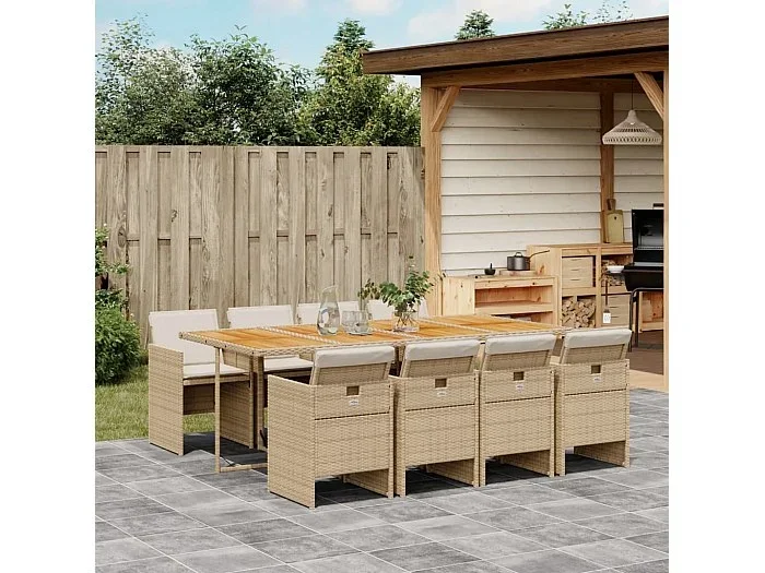 Set comedor de jardín 9 piezas con cojines ratán sintético beige
