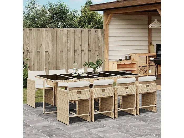Set comedor de jardín 9 piezas con cojines ratán sintético beige