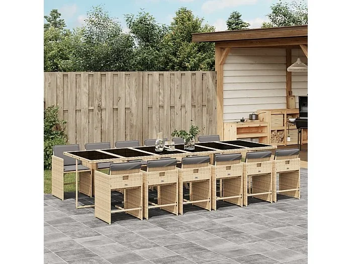 Set comedor de jardín con cojines 13 piezas ratán sintético beige