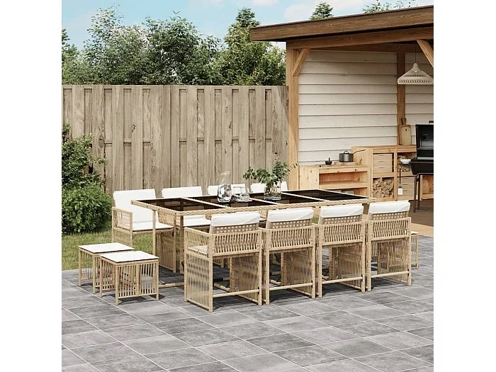 Set comedor de jardín con cojines 13 piezas ratán sintético beige