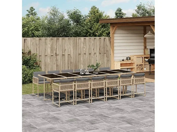 Set comedor de jardín con cojines 13 piezas ratán sintético beige