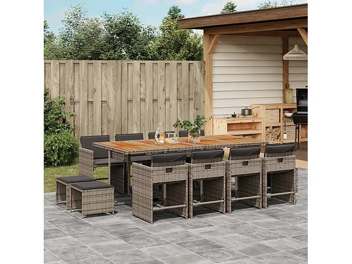 Set comedor de jardín con cojines 13 piezas ratán sintético gris