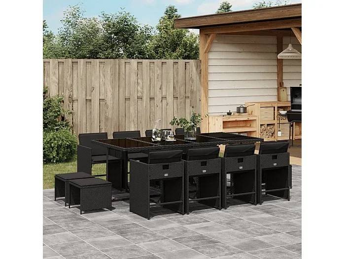 Set comedor de jardín con cojines 13 piezas ratán sintético negro
