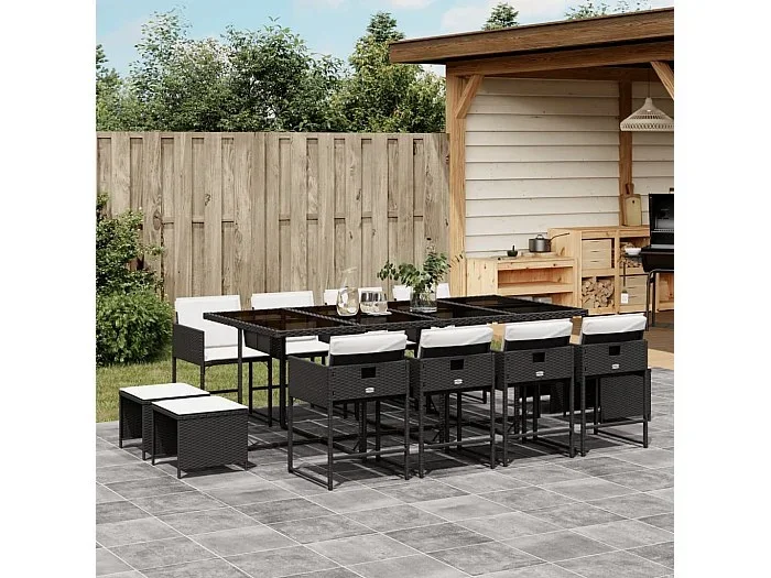 Set comedor de jardín con cojines 13 piezas ratán sintético negro