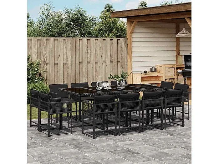 Set comedor de jardín con cojines 13 piezas ratán sintético negro