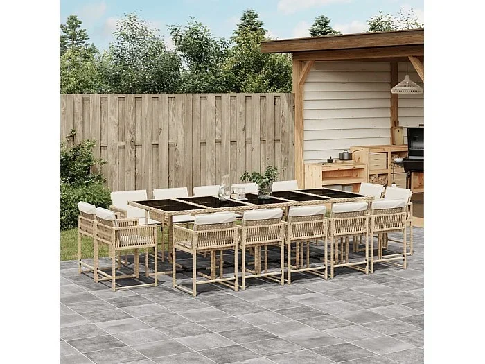 Set comedor de jardín con cojines 15 piezas ratán sintético beige