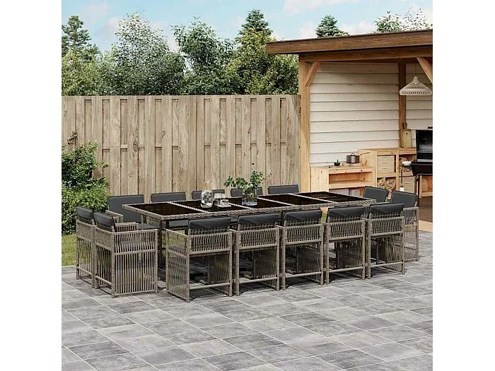Set comedor de jardín con cojines 15 piezas ratán sintético gris