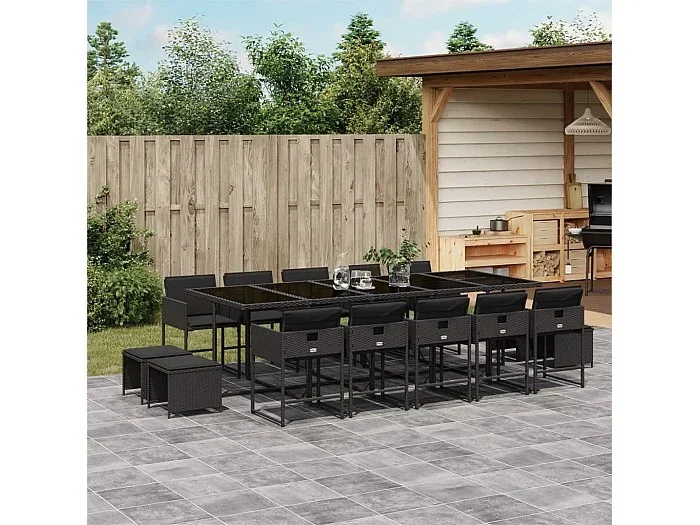 Set comedor de jardín con cojines 15 piezas ratán sintético negro