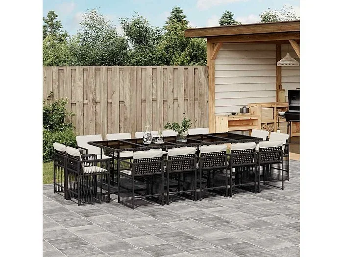 Set comedor de jardín con cojines 15 piezas ratán sintético negro