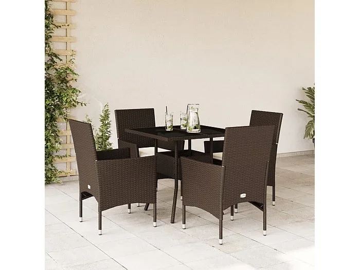 Set comedor jardín 5 pzas cojines ratán sintético vidrio marrón ES837758