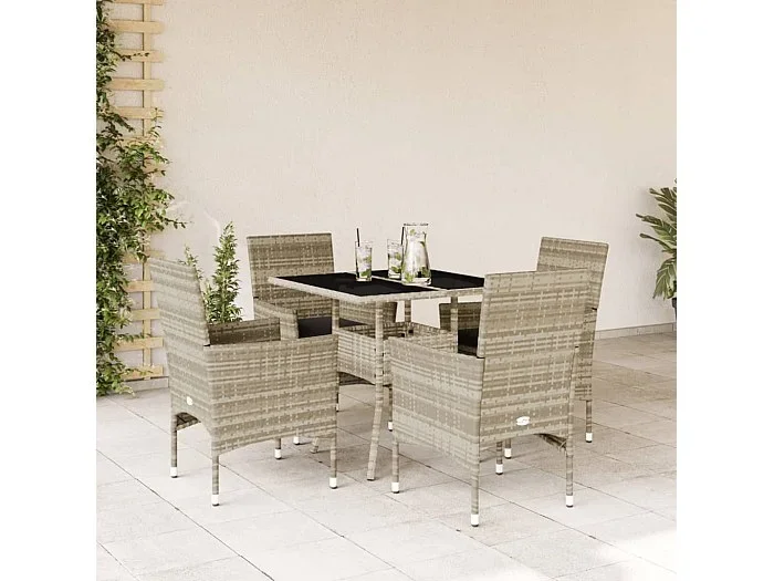 Set comedor jardín 5 pzas y cojines ratán PE vidrio gris claro ES279916