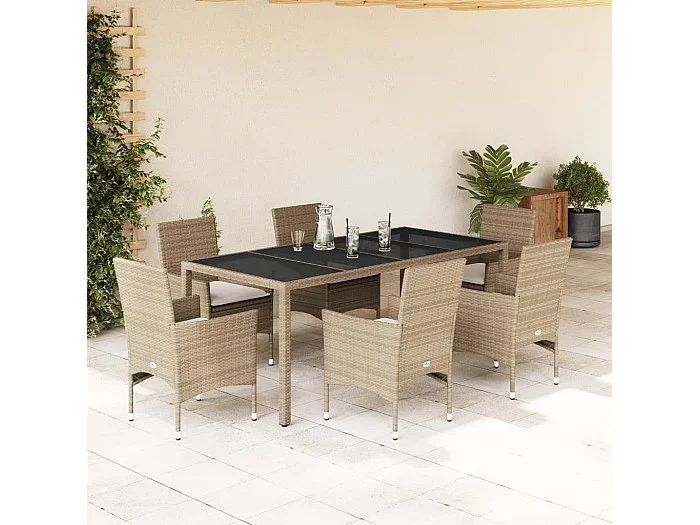 Set comedor jardín 7 piezas cojines ratán sintético vidrio beige