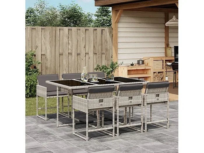 Set comedor jardín 7 piezas y cojines ratán sintético gris claro