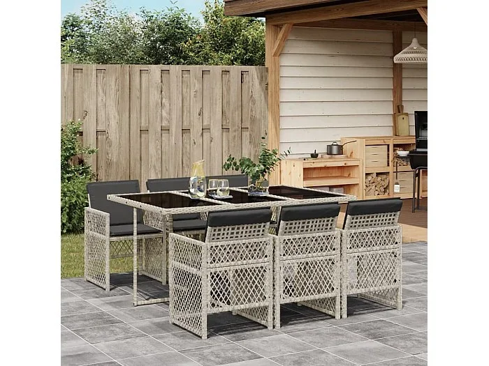 Set comedor jardín 7 piezas y cojines ratán sintético gris claro