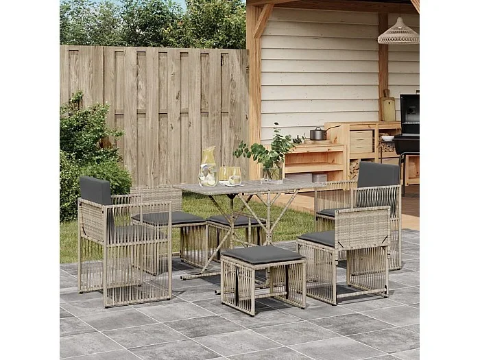 Set comedor jardín 7 piezas y cojines ratán sintético gris claro