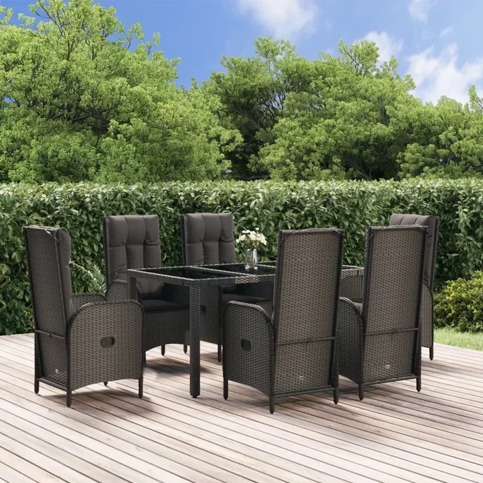 Set comedor jardín 7 pzas y cojines ratán sintético negro gris VidaXL