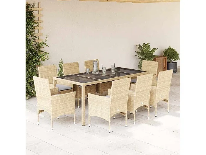 Set comedor jardín 9 piezas cojines ratán sintético vidrio beige