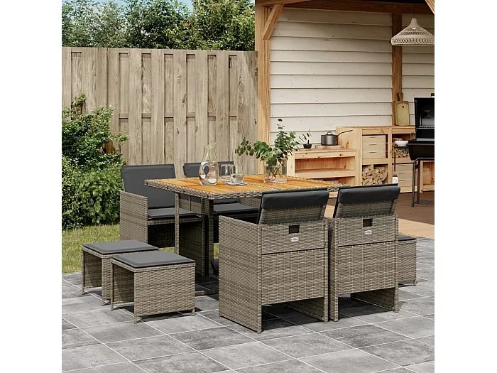 Set comedor jardín 9 piezas y cojines ratán sintético gris