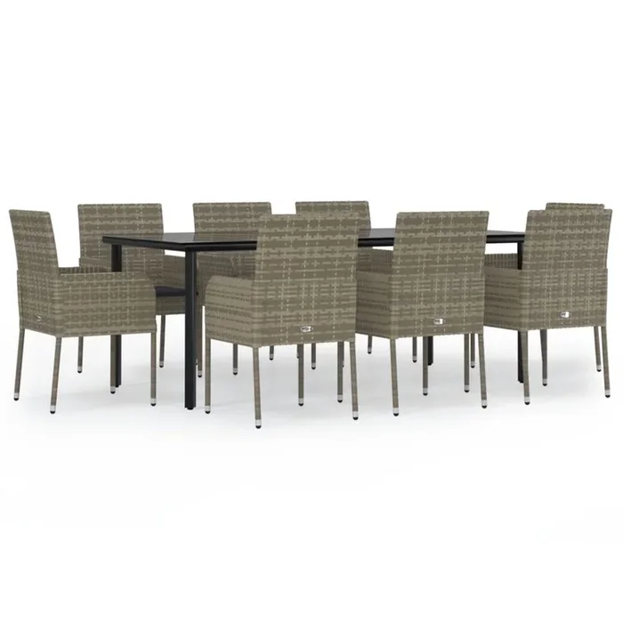Set comedor jardin 9 piezas y cojines ratán sintético negro gris longitud mesa 200 cm
